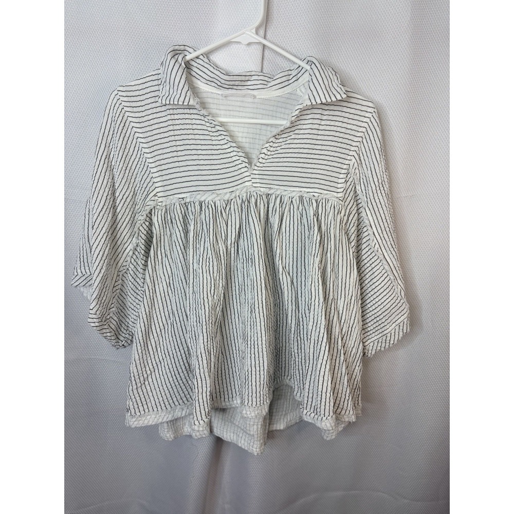 Les Femme White Black Striped Collared Short Sleeve Knit Pullover Blouse L/XL